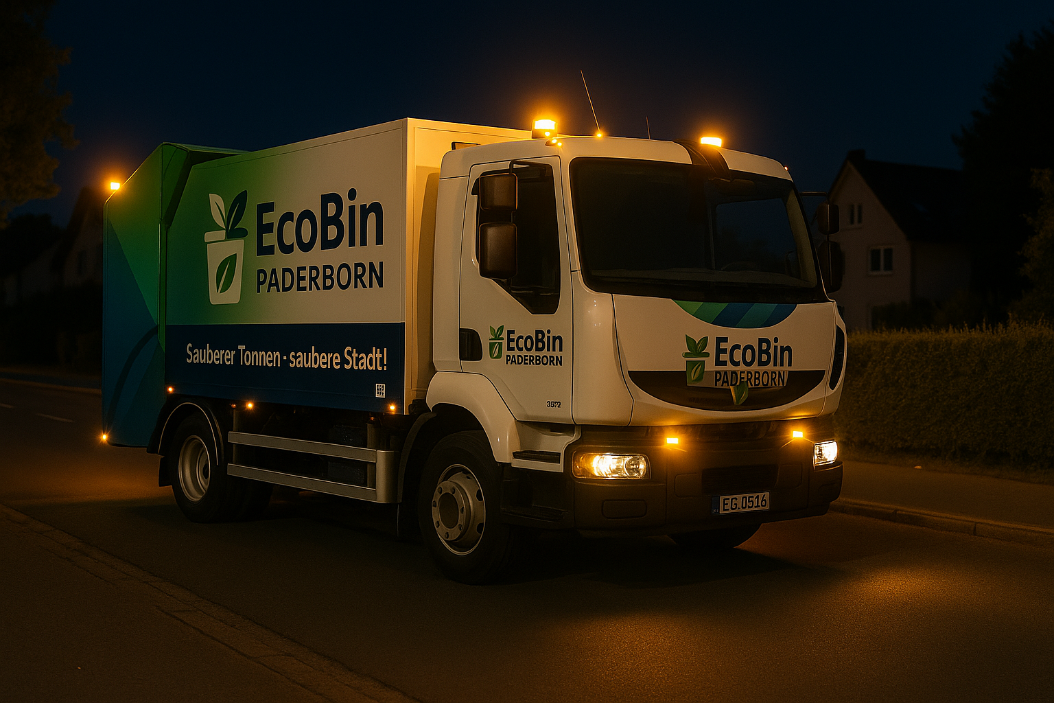 EcoBin Paderborn Fahrzeug bei Tageslicht vor Wohngebäuden