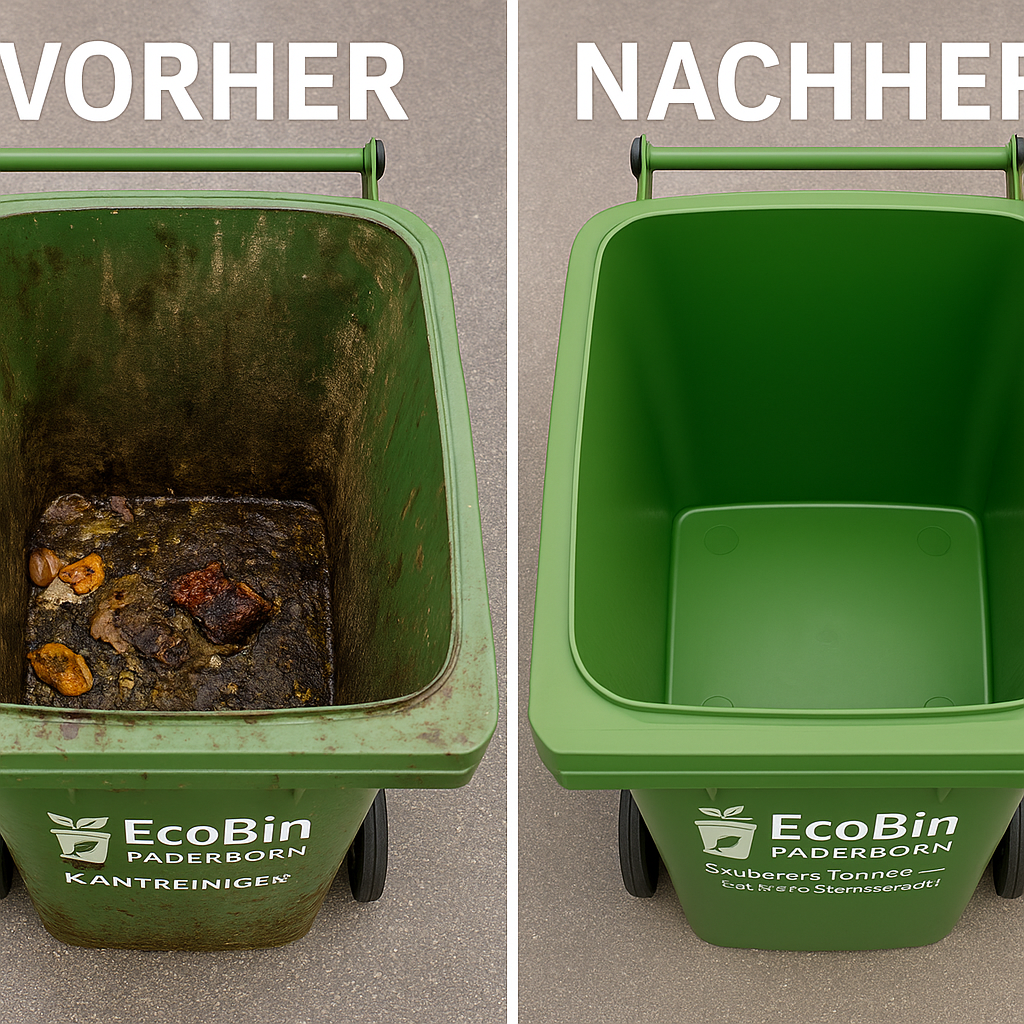 Vorher-Nachher Darstellung einer gereinigten Mülltonne